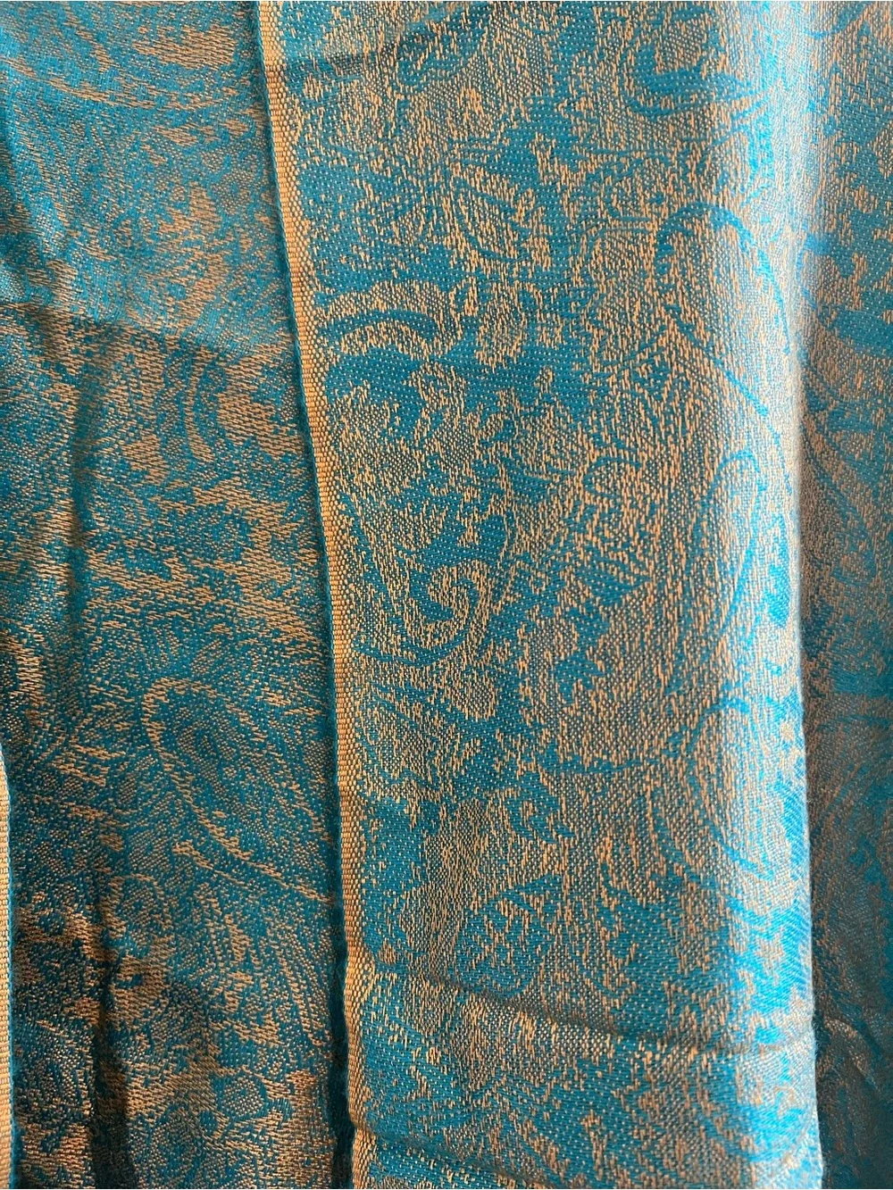 pashmina Teal and Gold Paisley Draped Shawl with Fringe